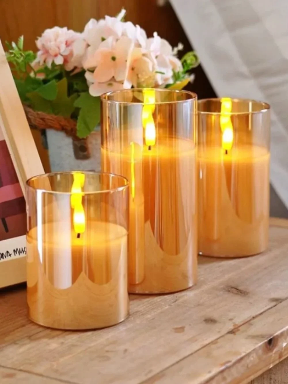 Rachel Zoe Set of 3 Gold Glass Flameless LED Candles Remote Control Timer NEW